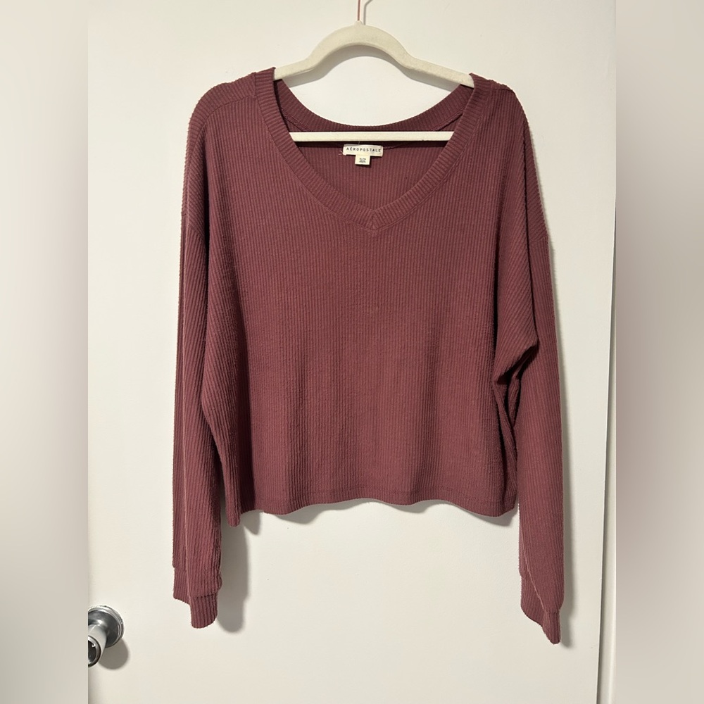 Aeropostale Ribbed V-Neck Long-Sleeve Sweater - Mauve